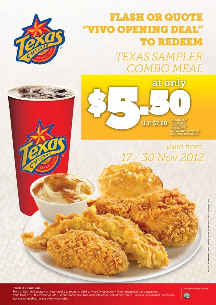 Selected Promotion To You !: Singapore Texas Chicken Opening Discounts