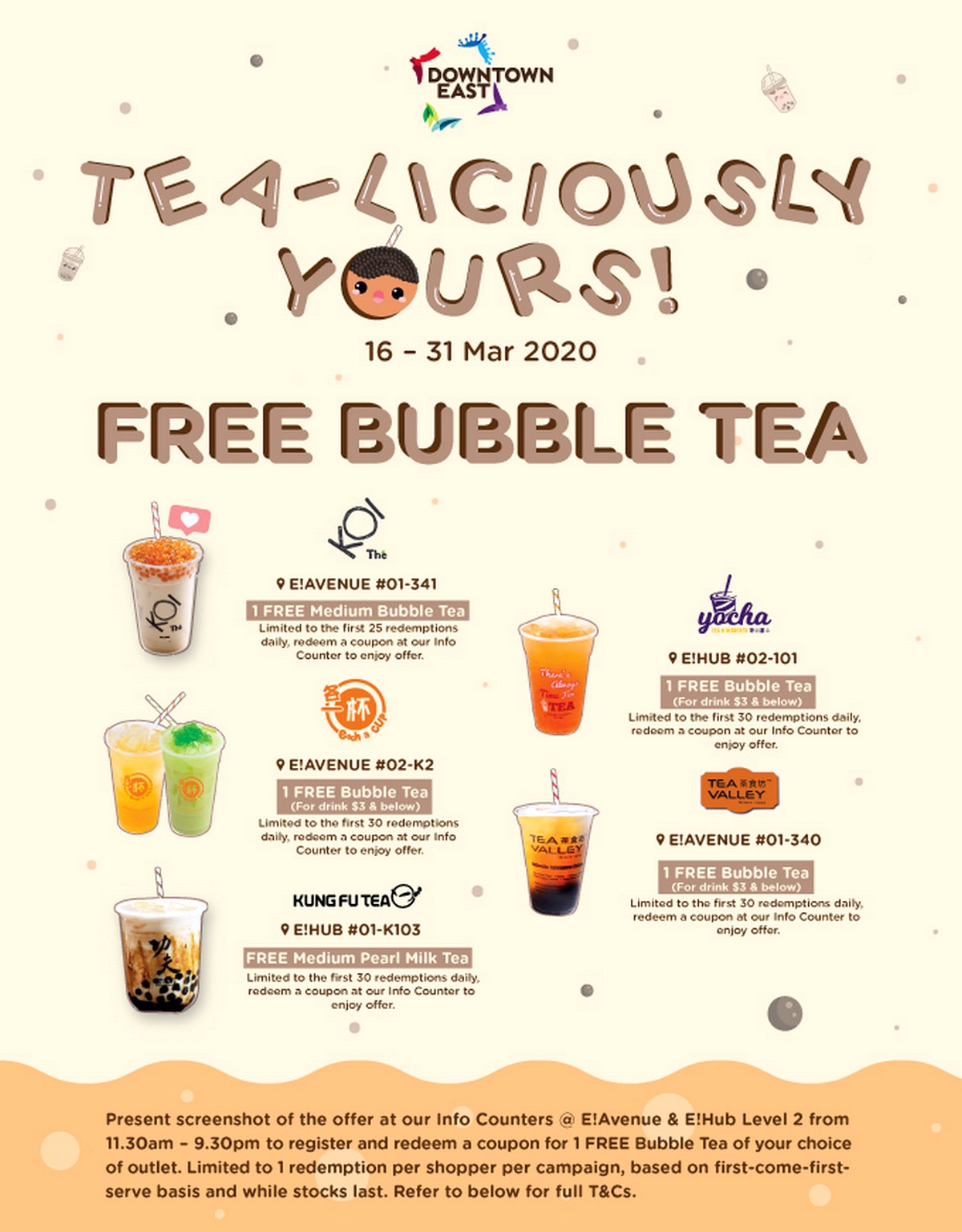 Downtown-East-Free-Bubble-Tea-Promotion-2020-Giveaway-Freebies-2021-Discounts-Offers 16-31 Mar 2020: Downtown East FREE Bubble Tea Promotion! KOI The, Kung Fu Tea, Each A Cup, Tea Valley & Yocha!