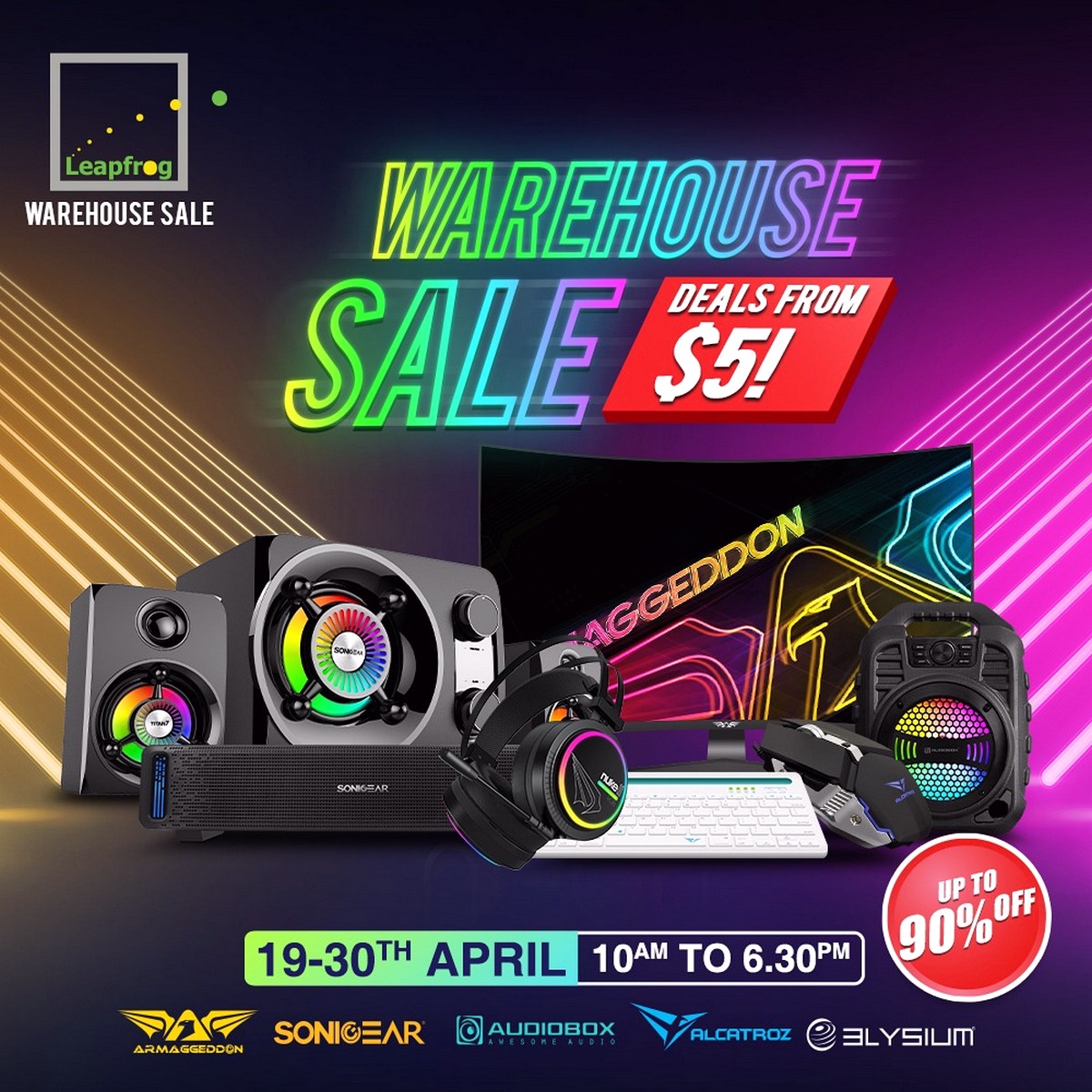 Leapfrog-Warehouse-Sale-2021-Singapore-Clearance-Armaggeddon-SonicGear-Audiobox-Alcatraoz-Elysium 19-30 Apr 2021: Armaggeddon, SonicGear, Audiobox, Alcatroz, Elysium Warehouse Sale Up to 90% OFF at Kallang Sector