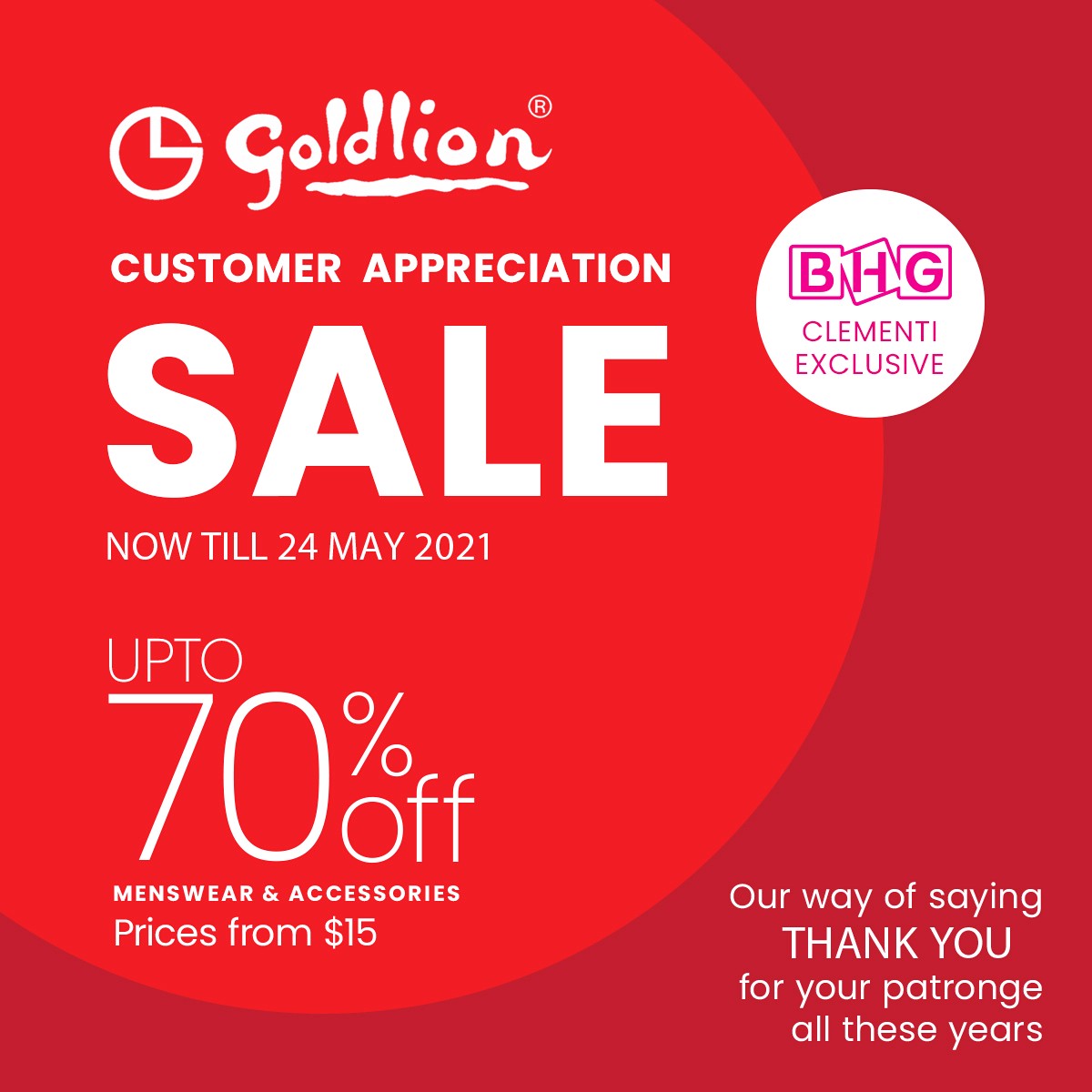 Goldlion-Customer-Appreaciation-Sale-2021-Singapore-Clearance-Warehouse-Discounts-Shopping 8-24 May 2021: Goldlion Customer Appreciation Sale! Up to 70% OFF at BHG The Clementi Mall