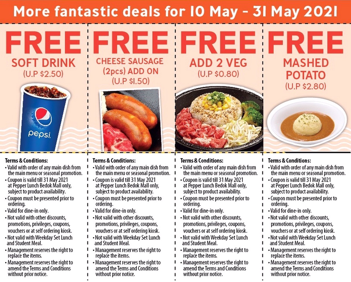 Pepper-Lunch-Singapore-May-2021-Coupons-Freebies-for-Download 10-31 May 2021: Pepper Lunch Reopening Promotion eCoupons for FREE Soft Drink, FREE Cheese Sausages, FREE Add 2 Veg, FREE Mashed Potato