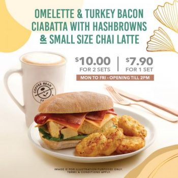 Coffee-Bean-Omelette-Turkey-Bacon-Ciabatta-With-Hashbrowns-Small-Size-Chai-Latte-Promotion--350x350 21 Jun 2021 Onward: Coffee Bean Omelette & Turkey Bacon Ciabatta With Hashbrowns & Small Size Chai Latte Promotion