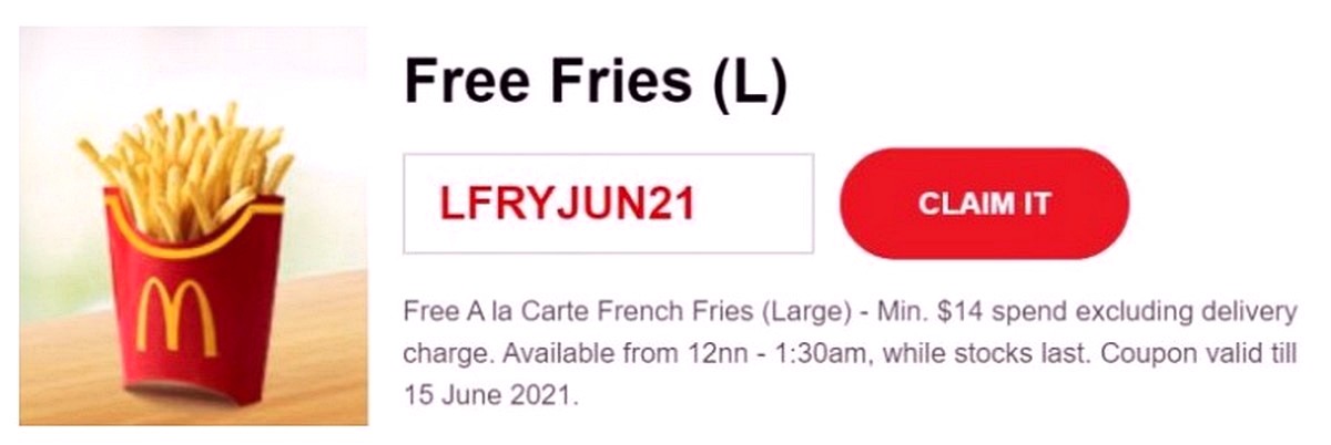 FREE-Fries-McDonalds-Singapore-2021-Promotion-Freebies Now till 15 Jun 2021: McDonald's 6pcs Chicken McNuggets for $1 only! FREE Fries & Hashbrown Promo Codes to Redeem!