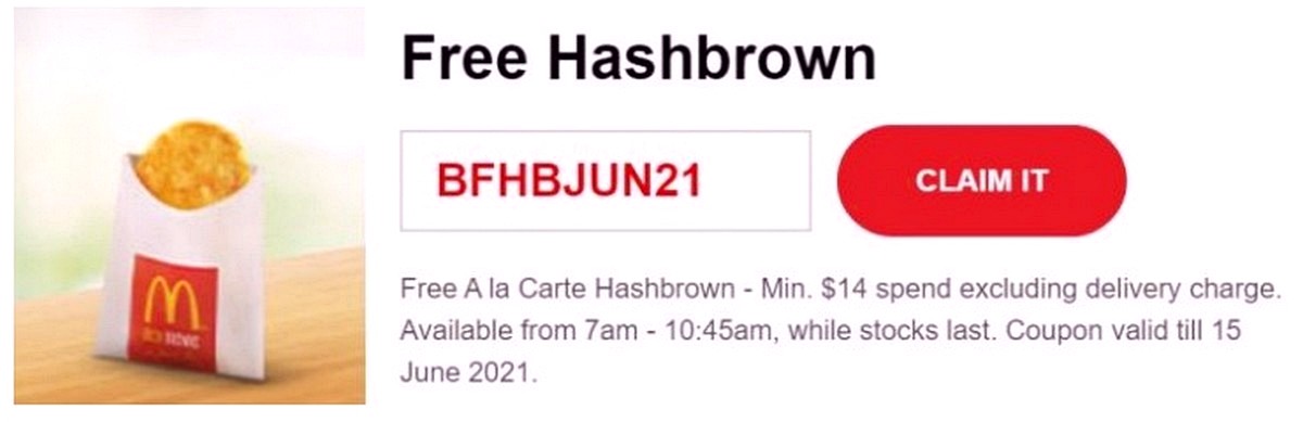 McDelivery-McDonalds-Singapore-FREE-Hashbrown-Promotion-2021-Offers-Freebies Now till 15 Jun 2021: McDonald's 6pcs Chicken McNuggets for $1 only! FREE Fries & Hashbrown Promo Codes to Redeem!
