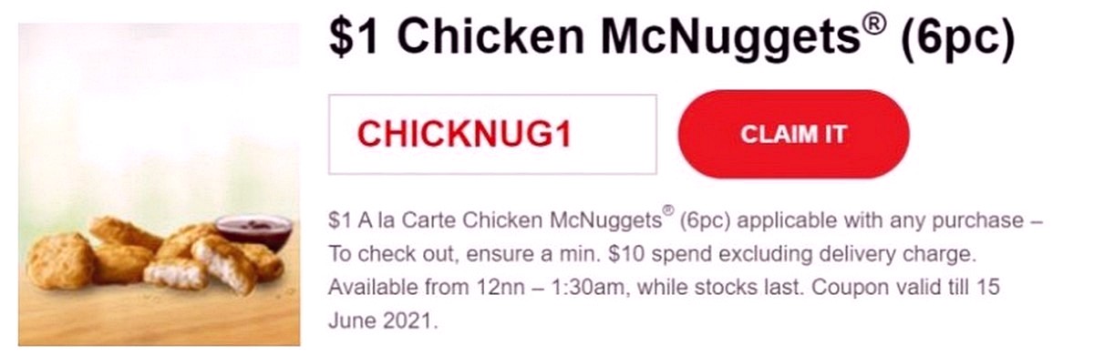 Pay-1-for-6pcs-Chicken-McNuggets-McDelivery-Coupon-Codes-Promotion Now till 15 Jun 2021: McDonald's 6pcs Chicken McNuggets for $1 only! FREE Fries & Hashbrown Promo Codes to Redeem!