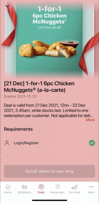 McDonalds-1-FOR-1-6pc-Chicken-McNuggets-Deal-317x650 21 Dec 2021: McDonald’s 1-FOR-1 6pc Chicken McNuggets Deal