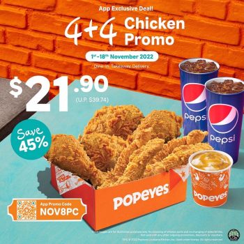 Popeyes-44-Chicken-Promo-2022-2023-Singapore-Food-Promotion-NOV8PC-Coupon-Code-350x350 1-18 Nov 2022: Popeyes 4+4 Chicken Discounts Promotion in Singapore! Save 45%!