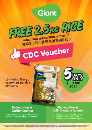 Giant-Singapore-Giving-Away-Free-2.5kg-Rice-When-You-Spend-100-Worth-of-CDC-Voucher-350x496 3-7 Jan 2024: Giant - Giving Away Free 2.5kg Rice When You Spend $100 Worth of CDC Voucher
