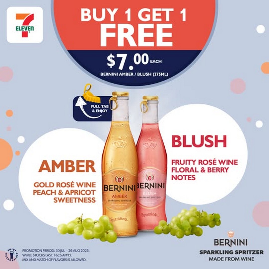 7-Eleven-Singapore-Buy-1-Get-1-Free-Promotion 30 July–26 August 2025: 7-Eleven Singapore: Buy 1 Get 1 Free Promotion on Bernini Sparkling Spritzer Wine Drinks