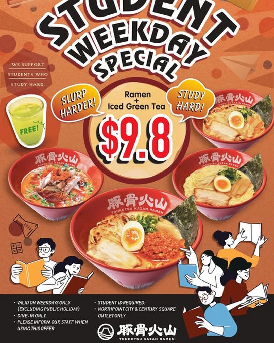 Tonkotsu-Kazan-Student-Weekday-Ramen-Promotion 1 November 2025 onwards: Tonkotsu Kazan: Student Weekday Ramen Promotion: Enjoy Affordable Lunch & Free Iced Green Tea