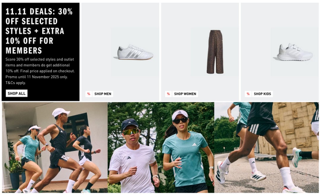 Adidas-Singapore-11.11-Sale Now till 11 November 2025: Adidas Singapore: 11.11 Sale: 30% Off Selected Items + Extra 10% Off for Members