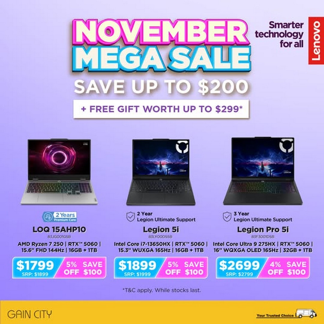 Gain-City-Lenovo-Laptop-Promotion-2 Now till 30 November 2025: Gain City: Lenovo Laptop Promotion: Up to $200 OFF + Free Gift