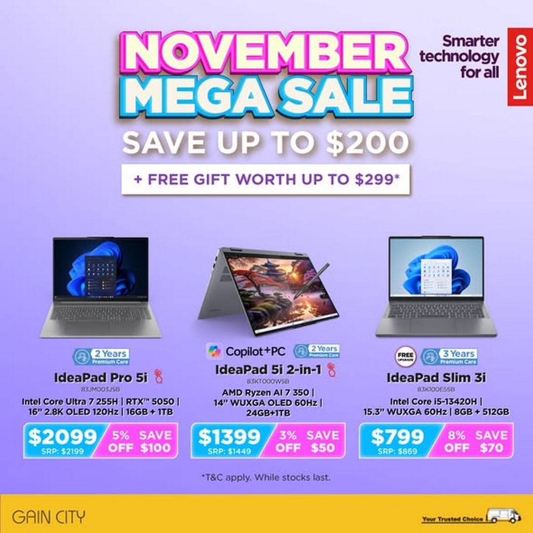 Gain-City-Lenovo-Laptop-Promotion-4 Now till 30 November 2025: Gain City: Lenovo Laptop Promotion: Up to $200 OFF + Free Gift