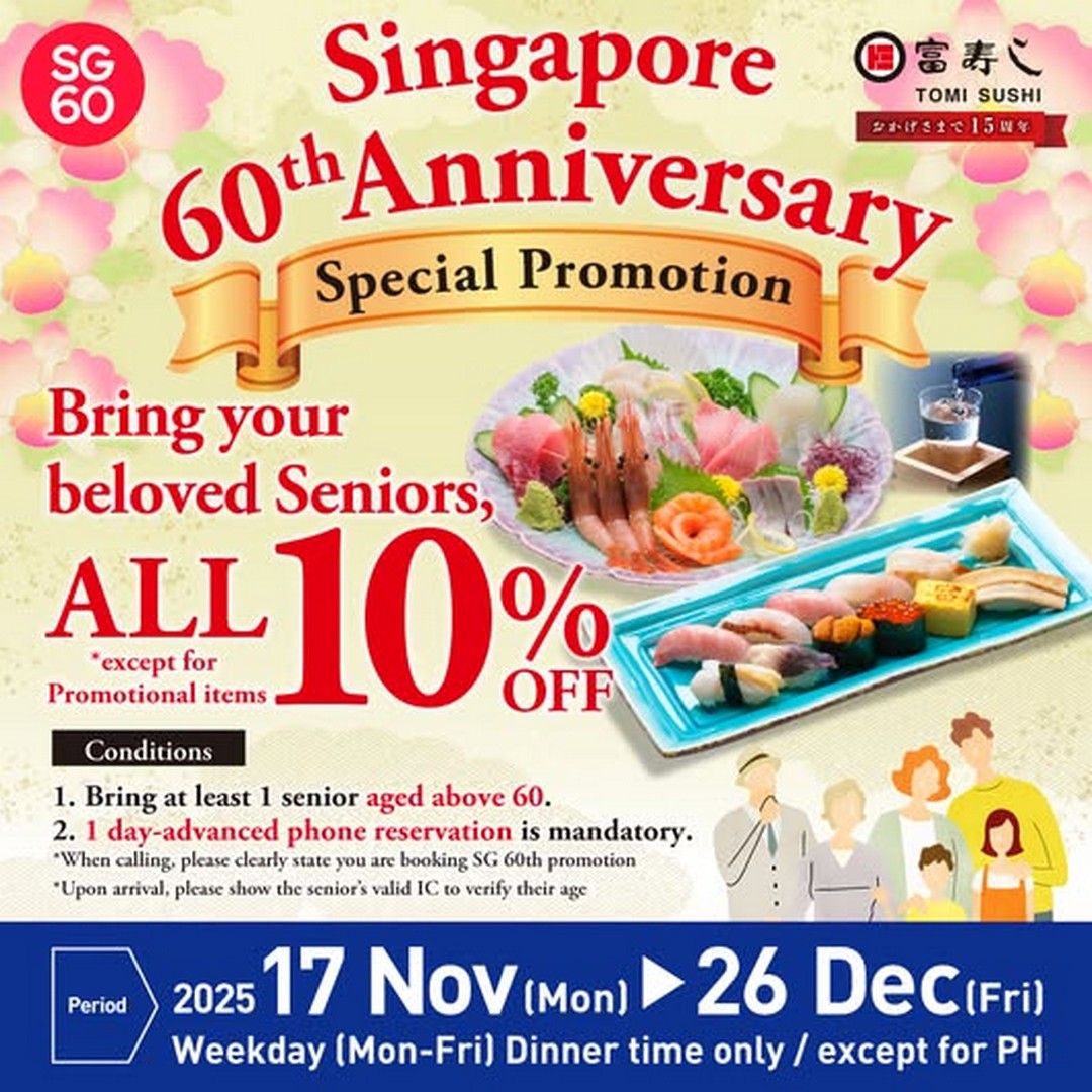 Tomi-Sushi-Singapore-SG60-Weekday-Dinner-Appreciation-Offer-Promotion 17 November–26 December 2025: Tomi Sushi Singapore: SG60 Weekday Dinner Appreciation Offer Promotion, 10% Off With Seniors for Singapore’s 60th Anniversary Celebration