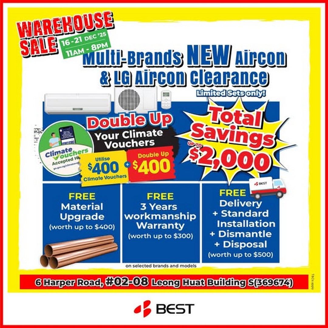 BEST-Denki-Singapore-Warehouse-Sale-Exclusive-Promotion 16-21 December 2025: BEST Denki Singapore: Warehouse Sale Exclusive Promotion – Aircon & Home Appliances Deals with Free Upgrades, Delivery & Installation
