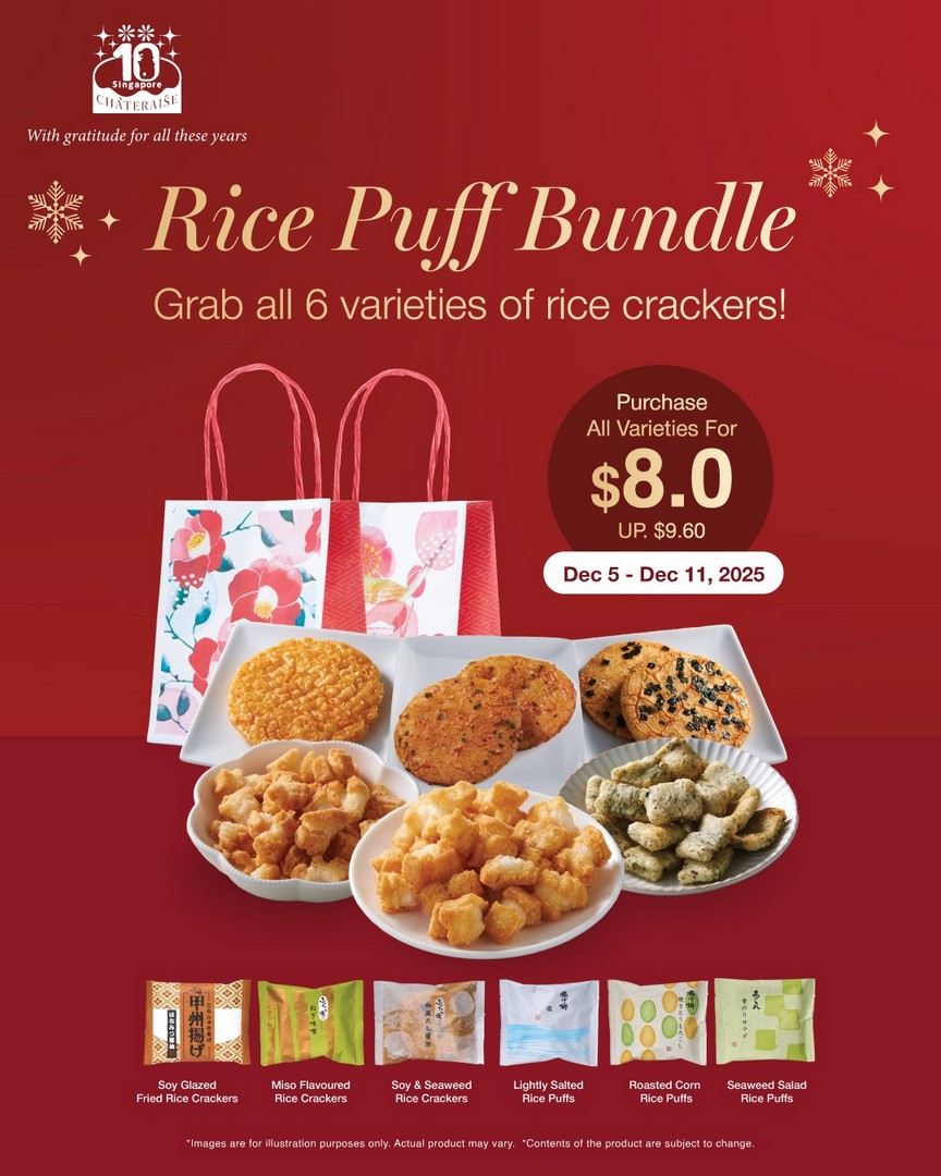 Chateraise-Singapore-Christmas-Rice-Puff-Bundle-Promotion 5-11 December 2025: Chateraise Singapore Christmas Rice Puff Bundle Promotion: 6 Varieties of Rice Crackers at $8