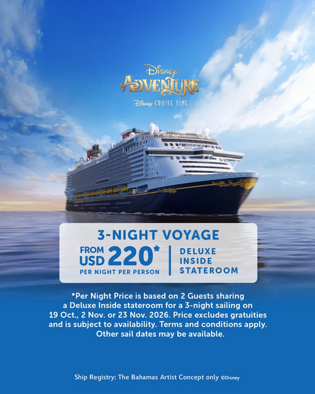 Disney-Cruise-Line-3-Night-Disney-Adventure-Cruise-Promotion 29 December 2025 onwards: Disney Cruise Line: 3-Night Disney Adventure Cruise Promotion