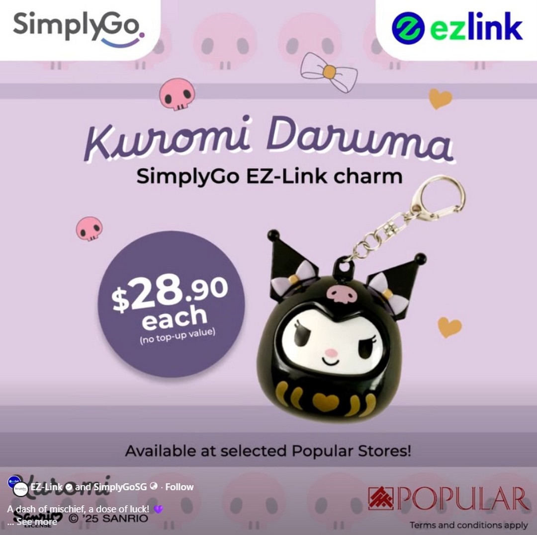 EZ-Link-Kuromi-Daruma-SimplyGo-Charm-Promotion 19 December 2025 onwards: EZ-Link Kuromi Daruma SimplyGo Charm Promotion: Limited Edition Good Luck Card Charm
