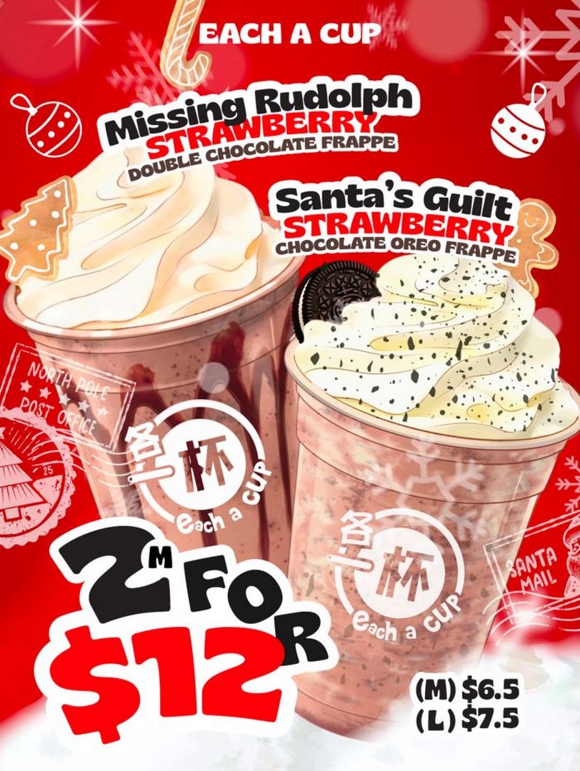 Each-A-Cup-Singapore-Christmas-Menu-2025 10 December 2025 onwards: Each A Cup Singapore Christmas Menu 2025: 2-for-$12 Festive Strawberry Frappes Promotion at Islandwide Outlet