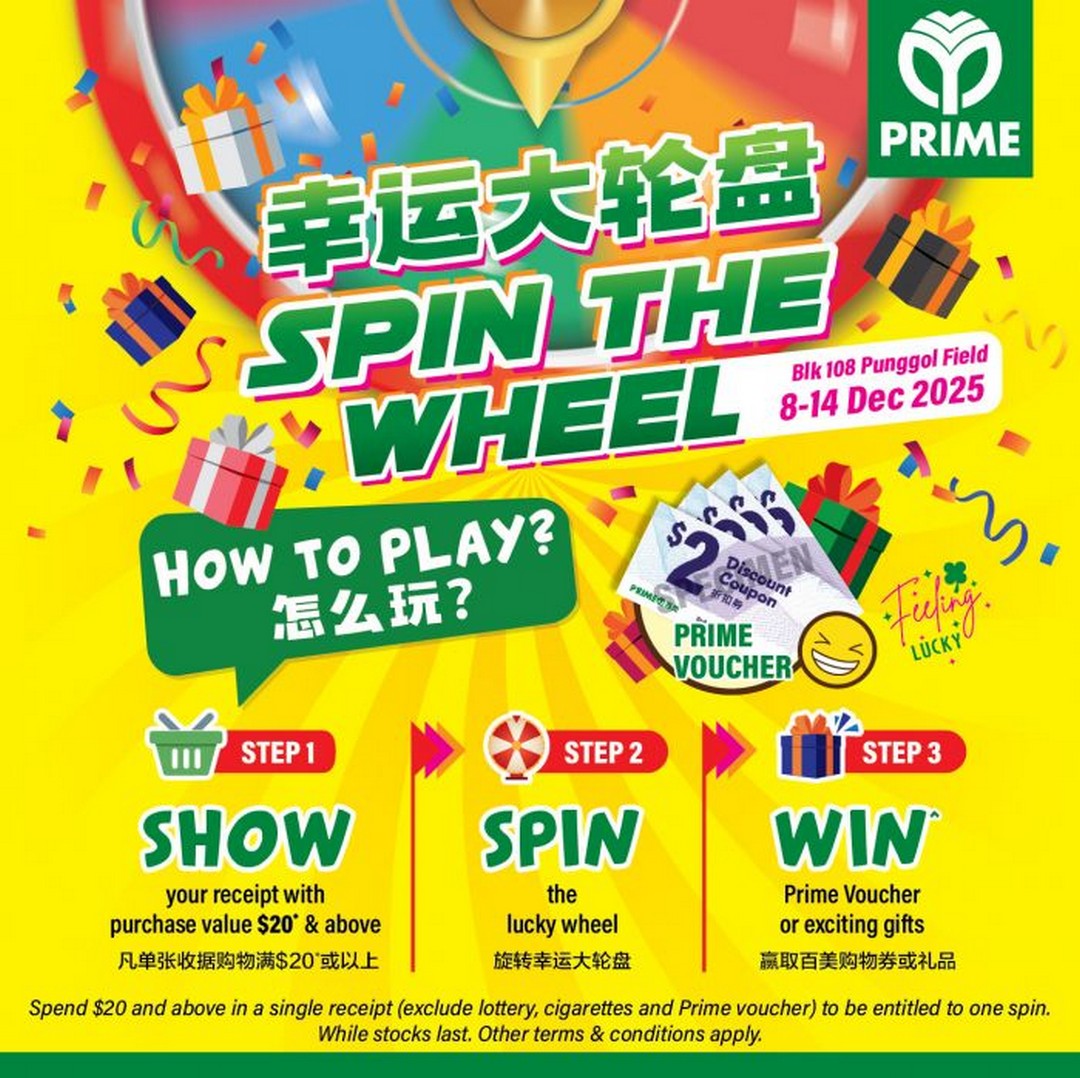 Prime-Supermarket-Spin-the-Wheel-Outlet-Exclusive-Deals-Promotion 8-14 December 2025: Prime Supermarket: Spin the Wheel & Outlet Exclusive Deals Promotion – Exciting Savings and Instant Rewards at Blk 108 Punggol Field