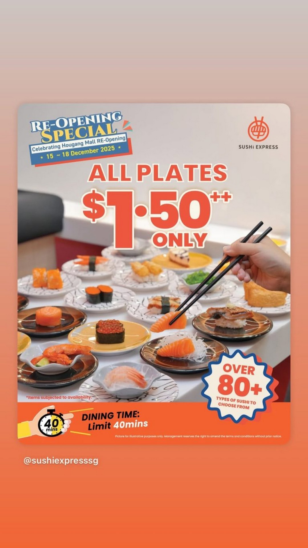 Sushi-Express-Hougang-Mall 15-18 December 2025: Sushi Express Hougang Mall: $1.50++ All Plates Reopening Promotion