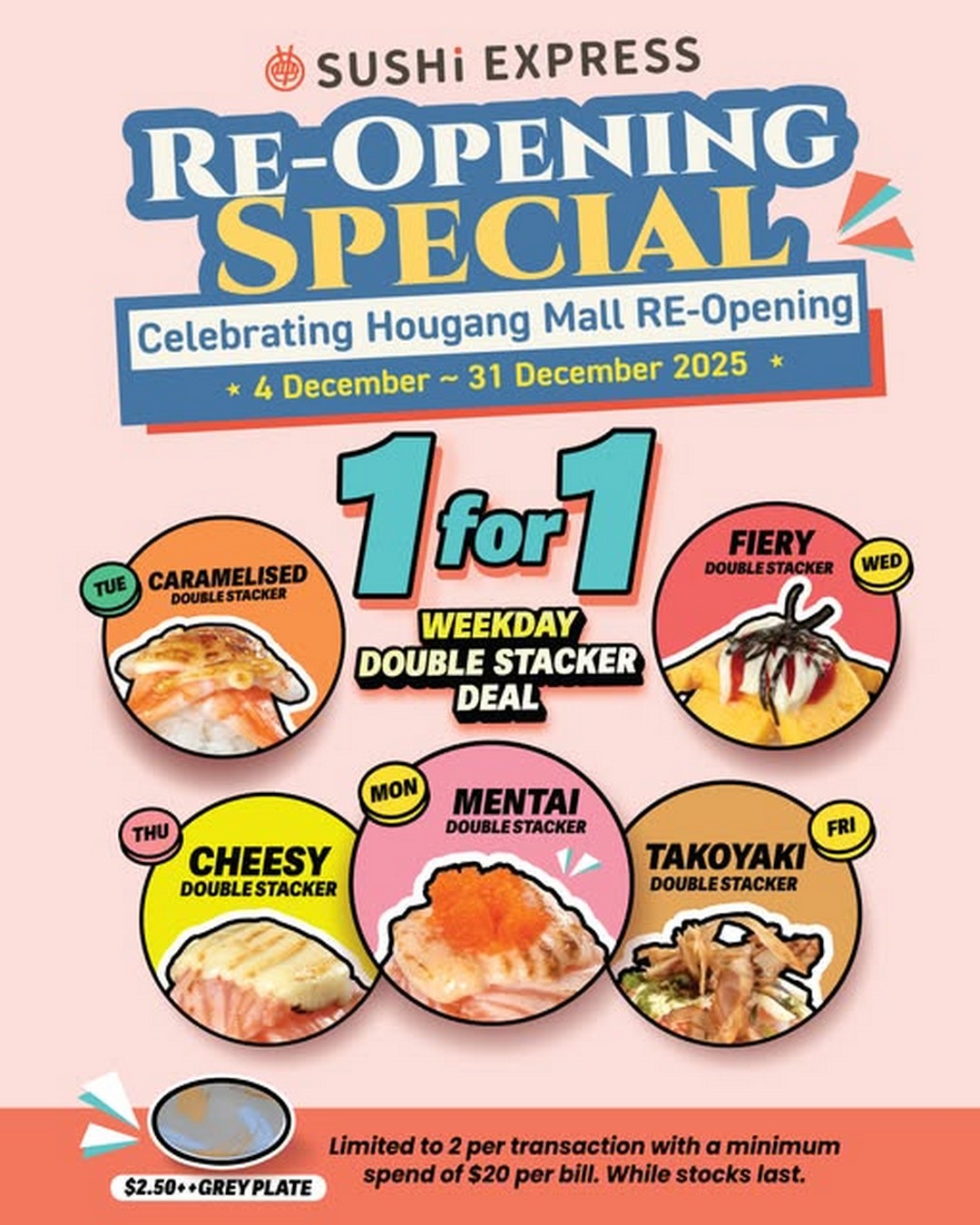 Sushi-Express-Singapore-Hougang-Mall-Reopening-1-for-1 4-31 December 2025: Sushi Express Singapore: Hougang Mall Reopening 1-for-1 Double Stacker Promotion