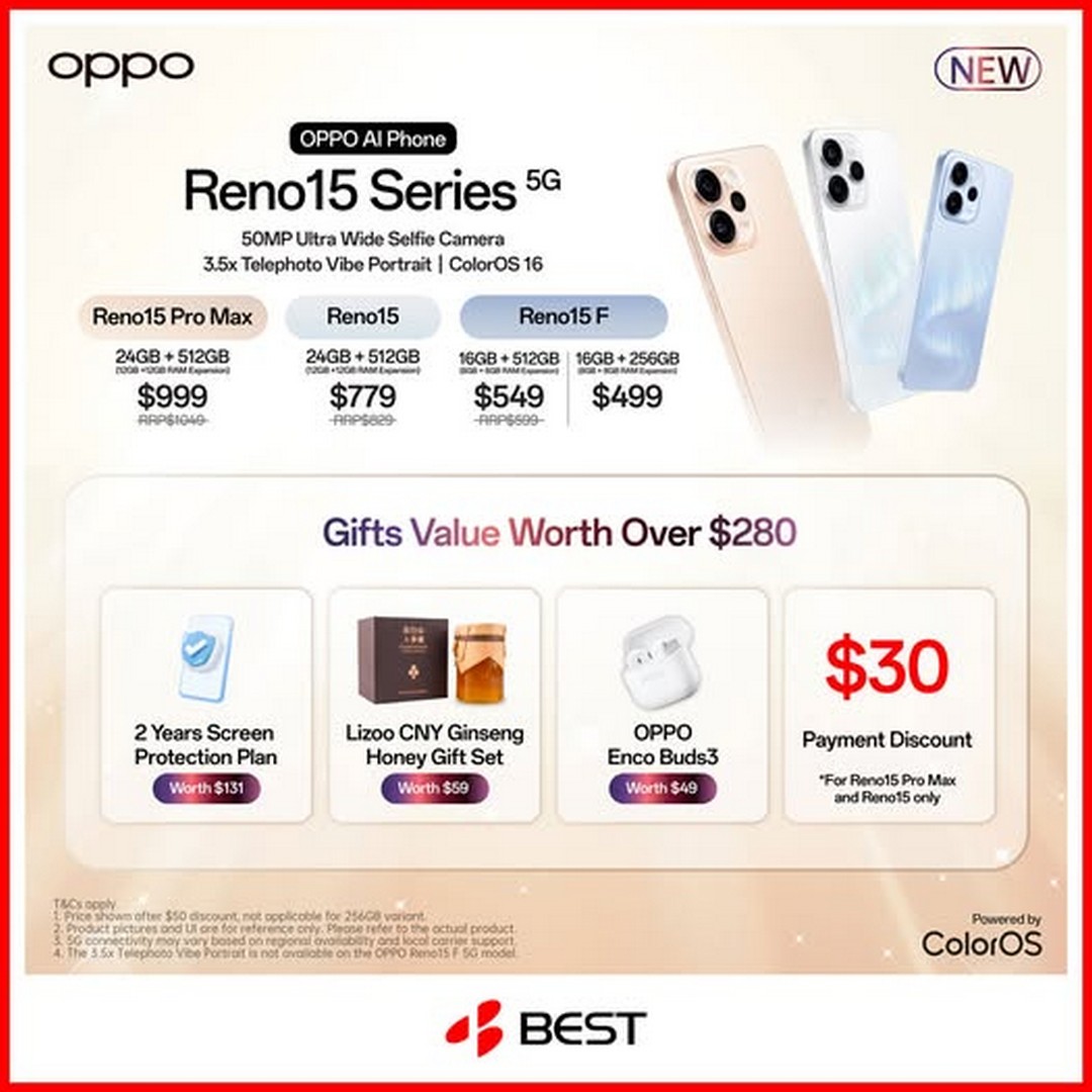 BEST-Denki-Singapore-OPPO-Reno15-Series-Launch-Promotion 23 January 2026 onwards: BEST Denki Singapore: OPPO Reno15 Series Launch Promotion – Sale, Free Gifts & Exclusive Discounts