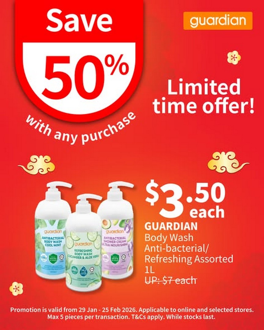 Guardian-Singapore-New-Year-Essentials-Promotion 30 January 2026 onwards: Guardian Singapore: New Year Essentials Promotion: Body Wash & Sunscreen at 50% Off