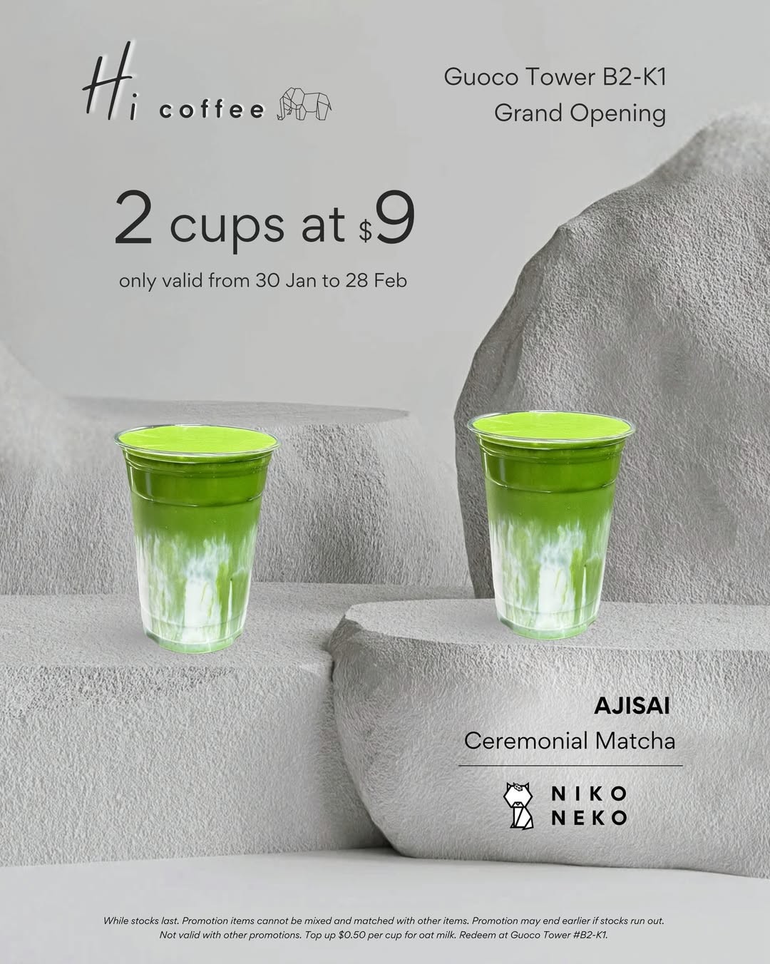 Hi-Coffee-Grand-Opening-Promotion 30 January-28 February 2026: Hi Coffee: Grand Opening Promotion: 2 Iced Ceremonial Matcha Lattes for $9 at Guoco Tower