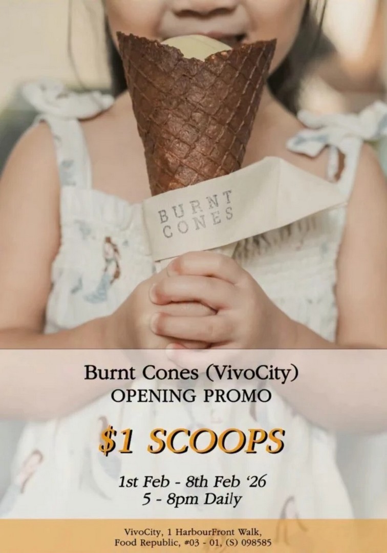 Burnt-Cones-VivoCity-1-Single-Scoop-Ice-Cream-Promotion-Soft-Launch 1-8 February 2026: Burnt Cones VivoCity: $1 Single Scoop Ice Cream Promotion Soft Launch