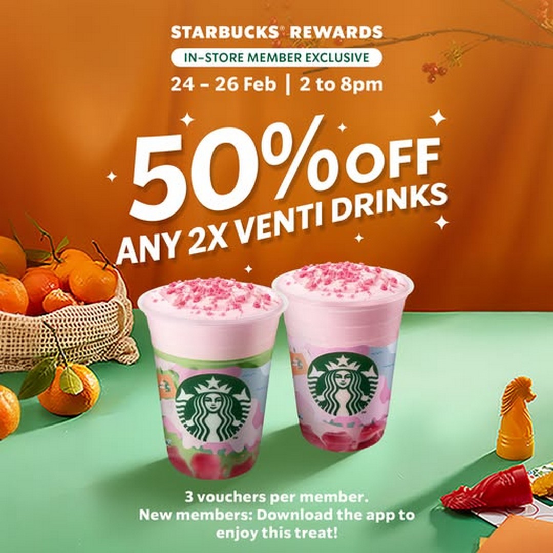 Starbucks-Singapore-50-Off-Any-Drinks-2PM–8PM-Promotion 24–26 February 2026: Starbucks Singapore 50% Off Any Drinks 2PM–8PM Promotion – 3 Days Only Midday Treat