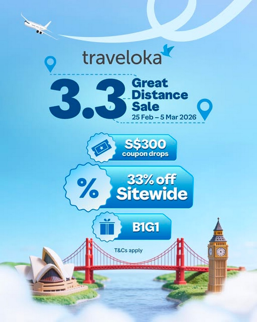 Traveloka-Singapore-3.3-Mega-Travel-Sale 24 February–5 March 2026: Traveloka Singapore: 3.3 Mega Travel Sale: Discounts, Coupon Drops & Buy 1 Get 1 Offers