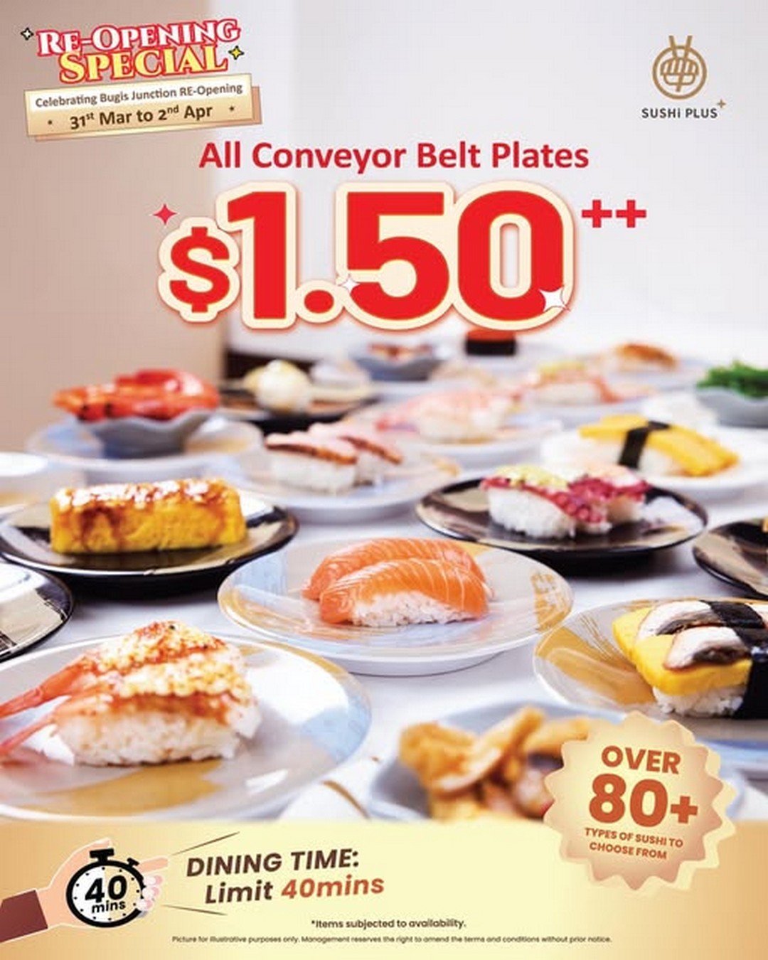 Sushi-Express-Singapore-Bugis-Junction-Reopening-Special 31 March-2 April 2026: Sushi Express Singapore: Bugis Junction Reopening Special: Promotion on $1.50++ Plates