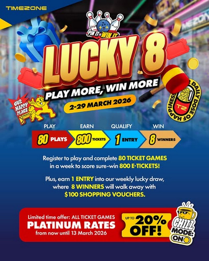 Timezone-Singapore-Lucky-8-–-Play-More-Win-More-Promotion 2-29 March 2026: Timezone Singapore: Lucky 8 – Play More, Win More Promotion: Weekly Draws and Shopping Vouchers
