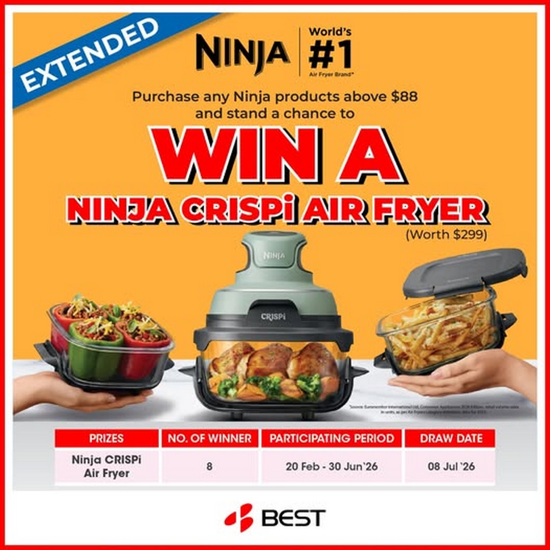 BEST-Denki-Singapore-Ninja-Kitchen-Spend-88-Promotion 20 February – 30 June 2026: BEST Denki Singapore Ninja Kitchen Spend $88 Promotion – Lucky Draw Giveaway to Win Ninja Crispi Air Fryer Deal Campaign