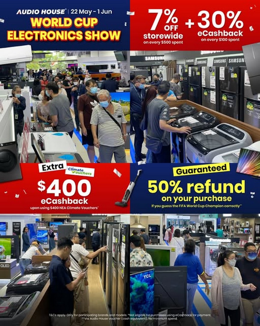 Audio-House-Singapore-World-Cup-Electronics-Show-Promotion 22 May–1 June 2026: Audio House Singapore World Cup Electronics Show Promotion with Extra 7% Off, 30% eCashback, Grocery Vouchers and FIFA Champion Refund Giveaway