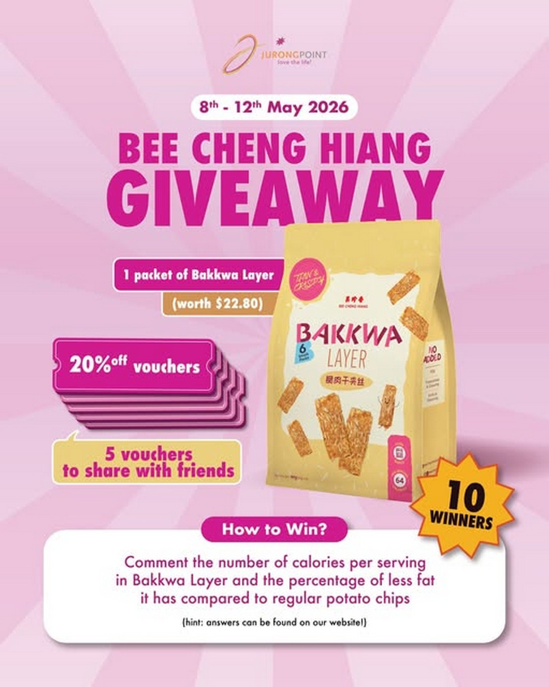 Bee-Cheng-Hiang-Bakkwa-Layer-Giveaway-at-Jurong-Point-Singapore Now till 12 May 2026: Bee Cheng Hiang Bakkwa Layer Giveaway at Jurong Point Singapore, Snack Promotion & Healthy Snack Giveaway Campaign