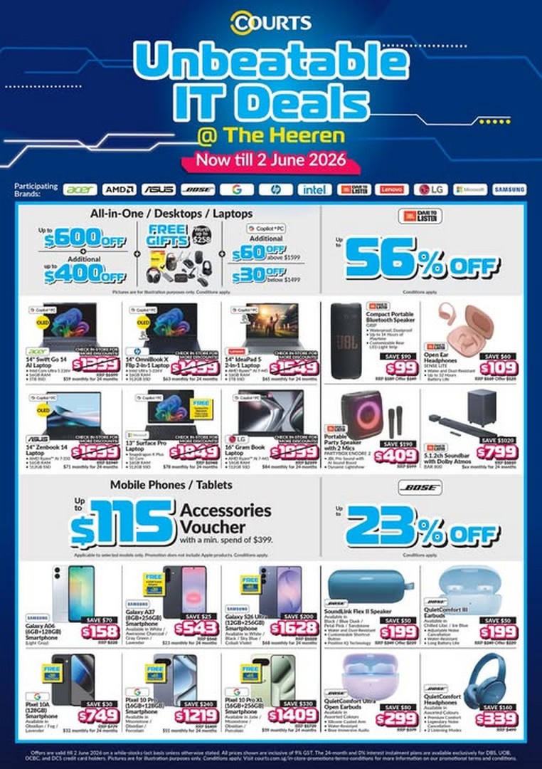 COURTS-Singapore-@-The-Heeren-IT-Mega-Deals 14 May – 2 June 2026: COURTS Singapore @ The Heeren IT Mega Deals: Laptops, Audio & Mobile Savings Up to $600 OFF + Stackable Discounts Promotion