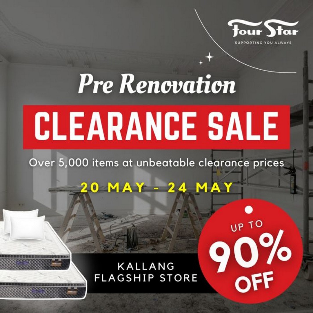 Four-Star-Pre-Renovation-Clearance-Sale-Promotion-at-Kallang-Flagship-Stor 20-24 May 2026: Four Star Pre-Renovation Clearance Sale Promotion at Kallang Flagship Store – Up to 90% Off Mattresses, Sofas, Recliners and Furniture Deals in Singapore