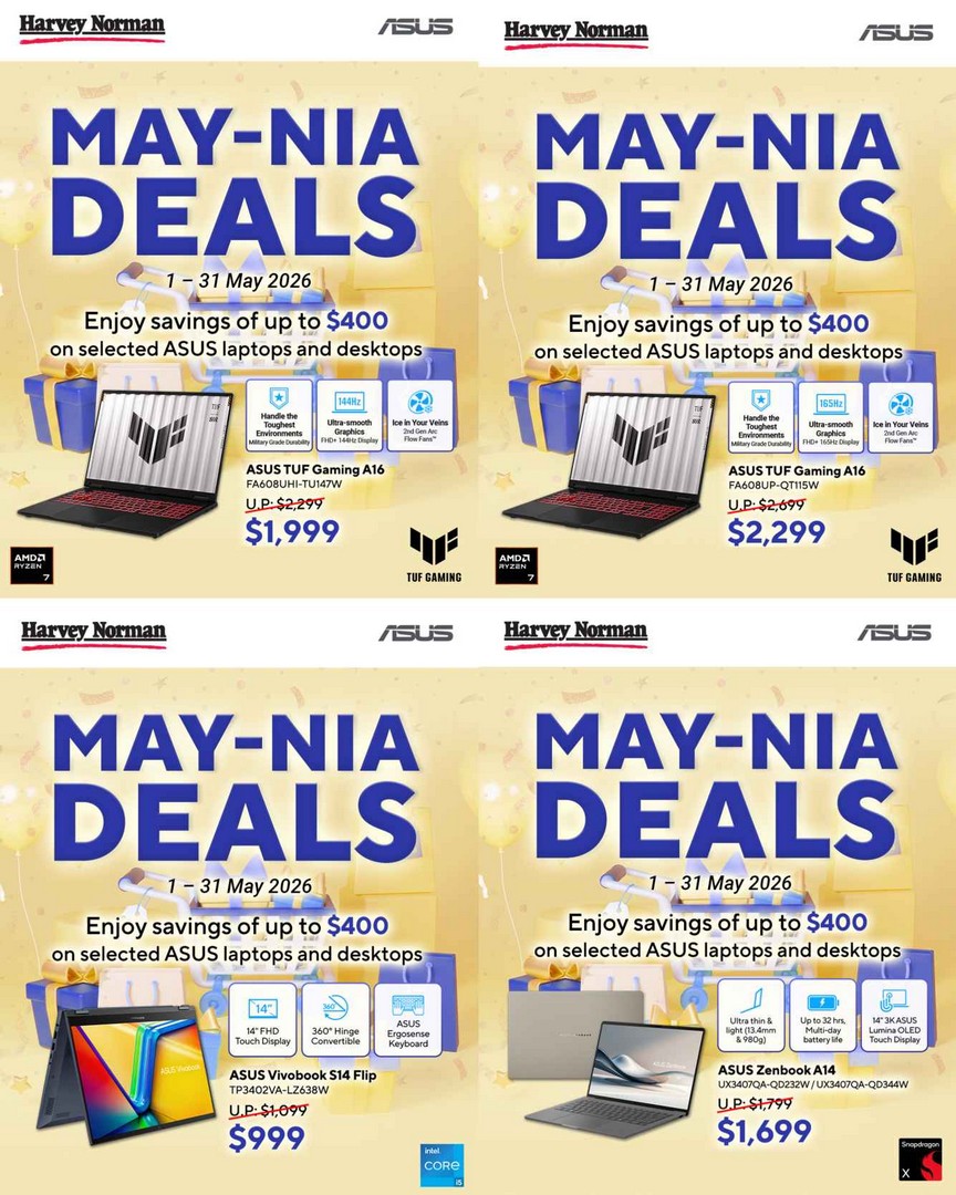 Harvey-Norman-ASUS-Laptop-and-Desktop-Promotion 20-31 May 2026: Harvey Norman ASUS Laptop and Desktop Promotion – Enjoy Up to $400 Off Selected ASUS Zenbook, TUF Gaming and AiO Desktop Deals in Singapore