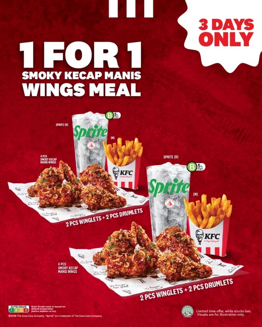 KFC-Singapore-1-for-1-Smoky-Kecap-Manis-Wings-Meal-Promotion 20–22 May 2026: KFC Singapore, 1-for-1 Smoky Kecap Manis Wings Meal Promotion, Limited 3-Day Return Deal at $9.50 for 8 Wings