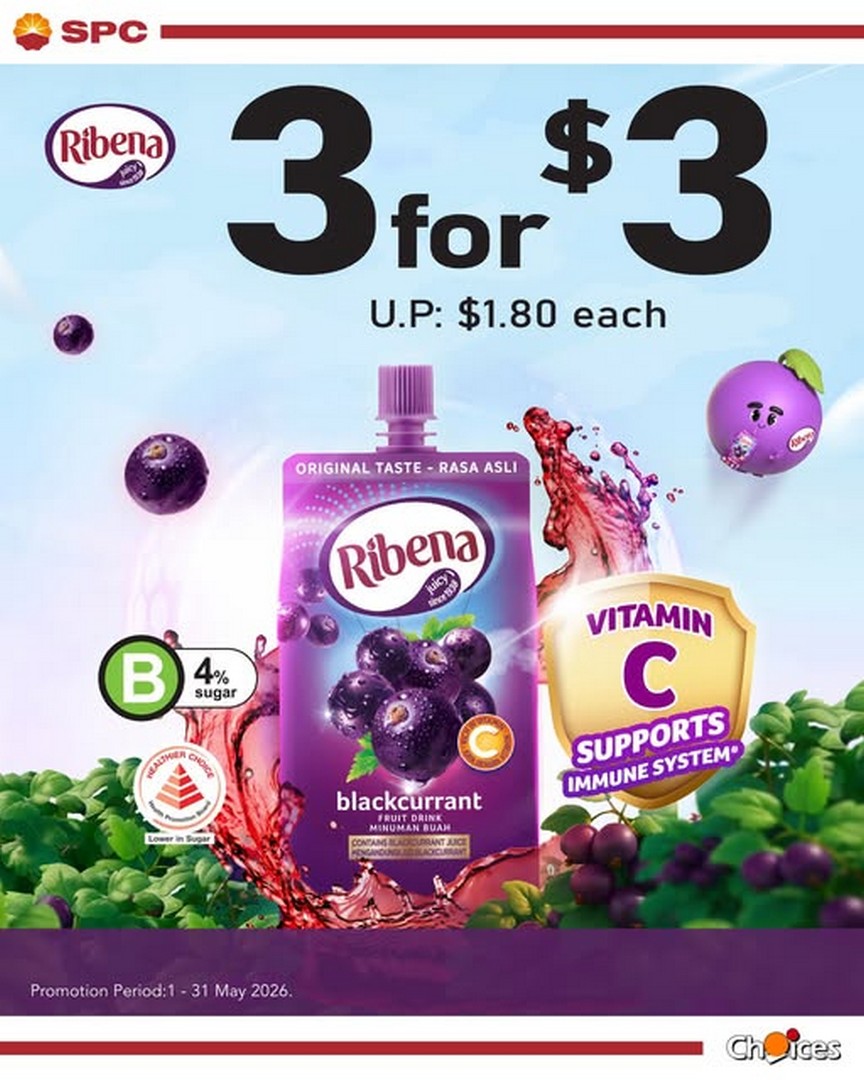 SPC-Singapore-Ribena-Blackcurrant-1-Promotion Now till 31 May 2026: SPC Singapore Ribena Blackcurrant $1 Promotion – Grab 3 Bottles for Just $3 at SPC Stores Islandwide