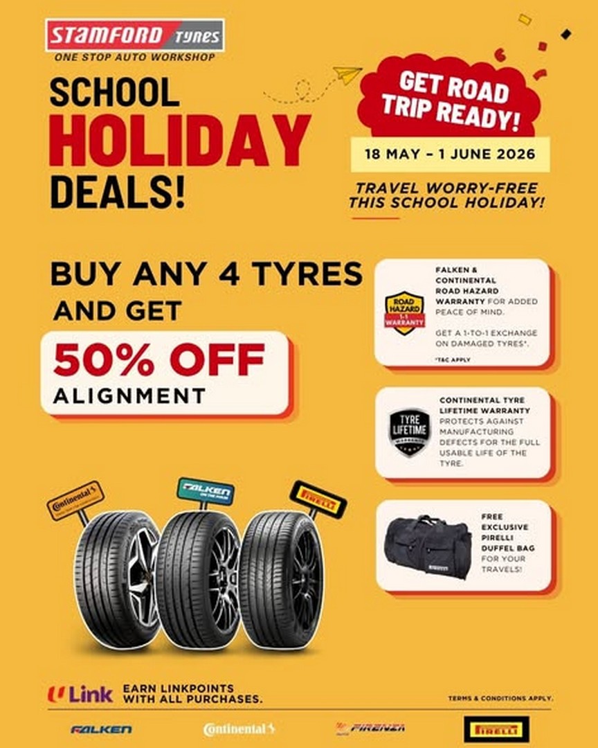 Stamford-Tyres-Retail-Singapore-School-Holiday-Promotion 18 May–1 June 2026: Stamford Tyres Retail Singapore School Holiday Promotion with 50% OFF Wheel Alignment, Tyre Deals and Vehicle Servicing Savings Islandwide
