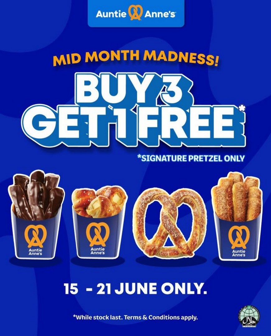 Auntie-Annes-Mid-Month-Madness-Buy-3-Free-1-Pretzel-Promotion 15–21 June 2026: Auntie Anne’s Mid Month Madness Buy 3 Free 1 Pretzel Promotion in Singapore – Limited-Time Snack Deal Across Outlets