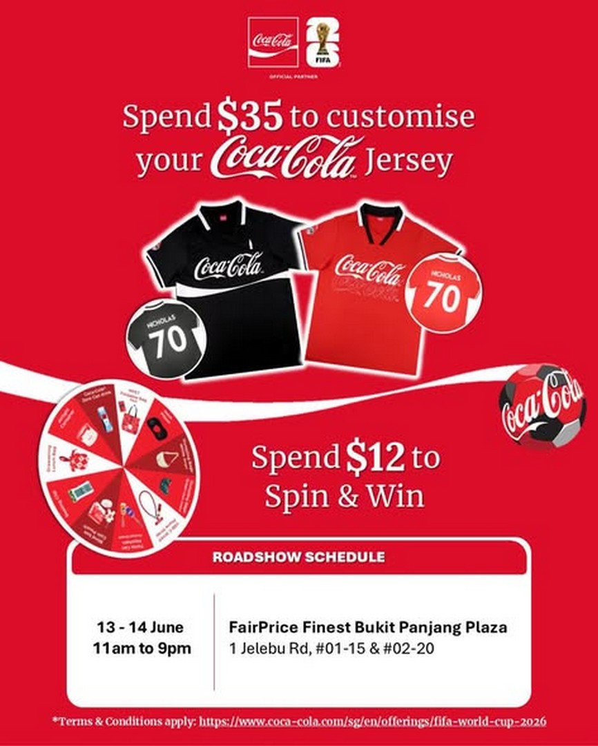 Coca-Cola-FIFA-World-Cup-Fan-Fit-Custom-Jersey-Promotion 13–14 June 2026: Coca-Cola FIFA World Cup Fan Fit Custom Jersey Promotion at FairPrice & Sheng Siong Singapore: Spend-and-Win Custom Merch Giveaway Event