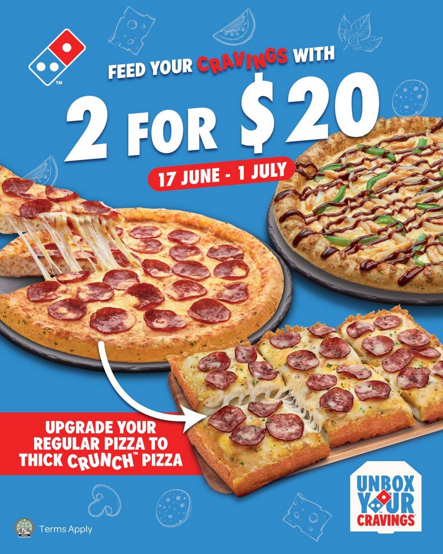 Dominos-Pizza-2-Pizzas-for-20-Limited-Time-Promotion 17 June–1 July 2026: Domino’s Pizza, 2 Pizzas for $20 Limited-Time Promotion in Singapore, Online App & Outlet Deal