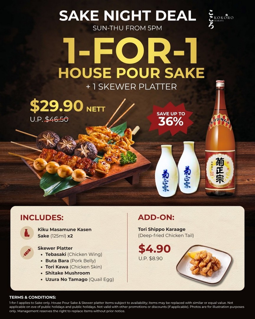 Kokoro-Izakaya-Sake-Night-Deal-1-for-1-Promotion 12 June 2026 onwards: Kokoro Izakaya Sake Night Deal, 1-for-1 Promotion at Lau Pa Sat, Affordable Japanese Sake & Skewers Offer