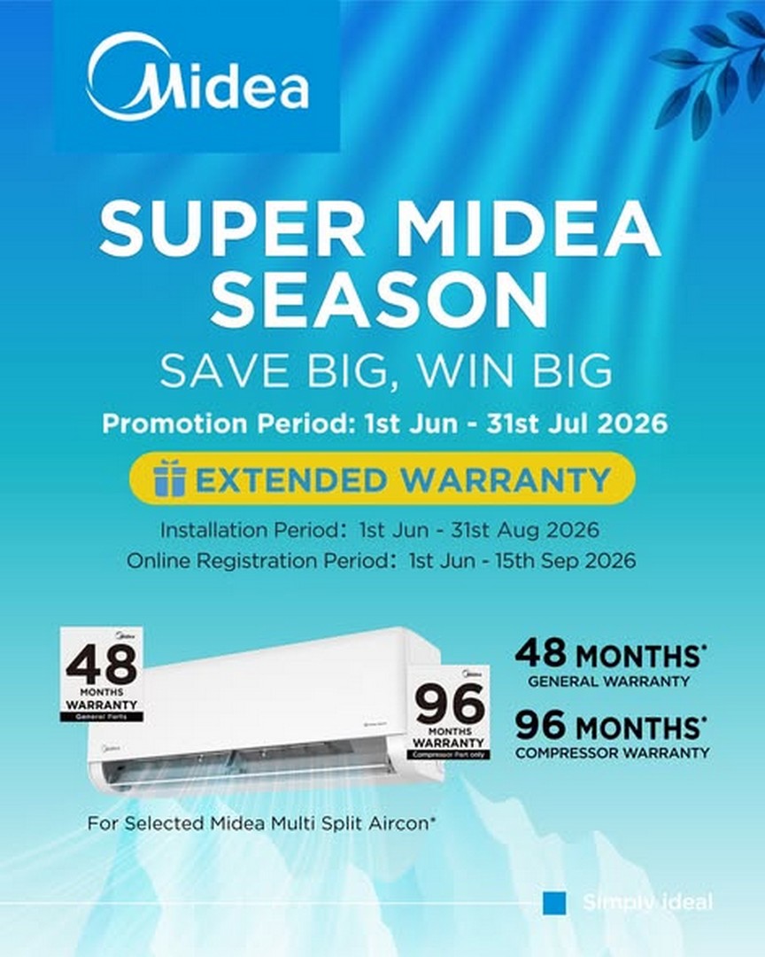 Midea-Super-Midea-Season-Purchase-With-Purchase-Promotion-1 1 June-31 July 2026: Midea Super Midea Season Purchase With Purchase Promotion – SGD500 Off Air Conditioner + Extended Warranty Deal
