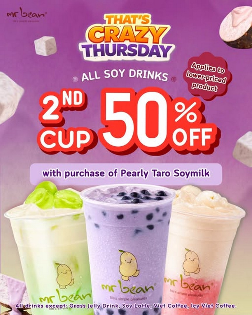 Mr-Bean-Singapore-Promotion-–-2nd-Cup-50-Off-Pearly-Taro 18 June 2026 onwards: Mr Bean Singapore, Promotion – 2nd Cup 50% Off Pearly Taro Soymilk Deal Across Islandwide Outlets
