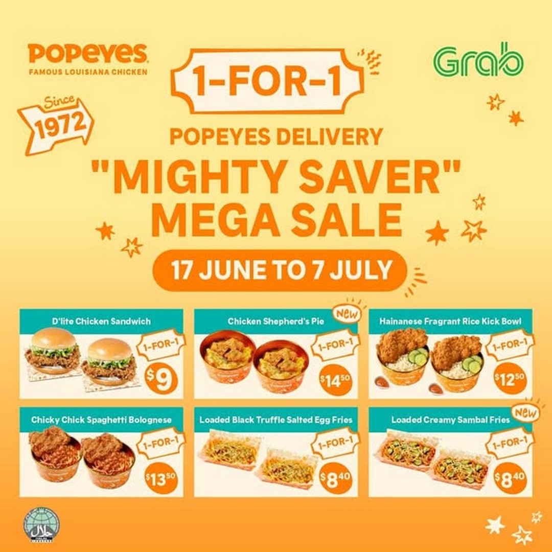 Popeyes-Singapore-Delivery-Mighty-Saver-Mega-Sale 17 June–7 July 2026: Popeyes Singapore Delivery Mighty Saver Mega Sale Promotion, Save More with 1-for-1 and 50% Off Deals on Delivery Apps